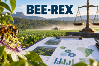 Abelha nativa diante de lavoura pulverizada, avaliação ambiental e balança da Justiça representam o exame judicial do Bee-REX.