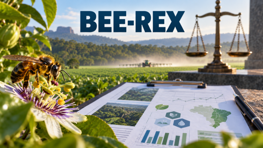 Abelha nativa diante de lavoura pulverizada, avaliação ambiental e balança da Justiça representam o exame judicial do Bee-REX.