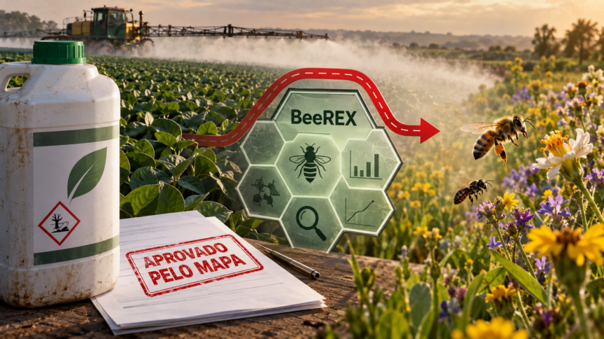 agrotóxico aprovado pelo MAPA; pulverização agrícola; avaliação BeeREX sendo contornada; exposição das abelhas ao risco não avaliado.