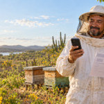 Pequeno apicultor rural consulta informações fiscais pelo celular ao lado de colmeias.