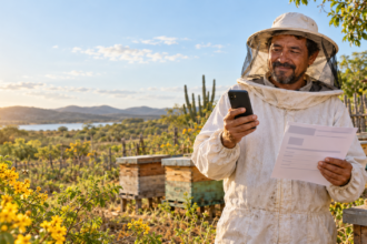 Pequeno apicultor rural consulta informações fiscais pelo celular ao lado de colmeias.