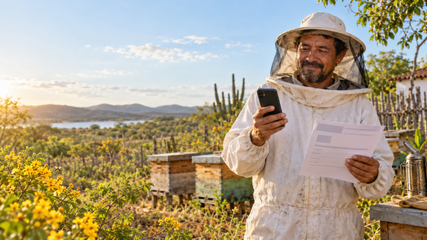 Pequeno apicultor rural consulta informações fiscais pelo celular ao lado de colmeias.