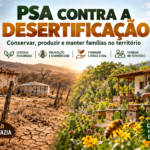 Imagem dividida do semiárido: à esquerda, casa rural abandonada, solo seco e Caatinga degradada; à direita, família rural com abelhas, colmeias, flores e vegetação preservada. Destaque para o PSA como instrumento de conservação, polinização, geração de renda e permanência das famílias no território.