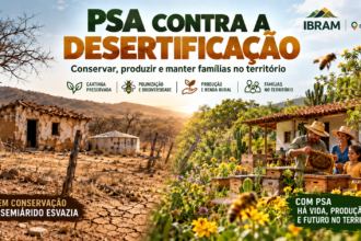 Imagem dividida do semiárido: à esquerda, casa rural abandonada, solo seco e Caatinga degradada; à direita, família rural com abelhas, colmeias, flores e vegetação preservada. Destaque para o PSA como instrumento de conservação, polinização, geração de renda e permanência das famílias no território.