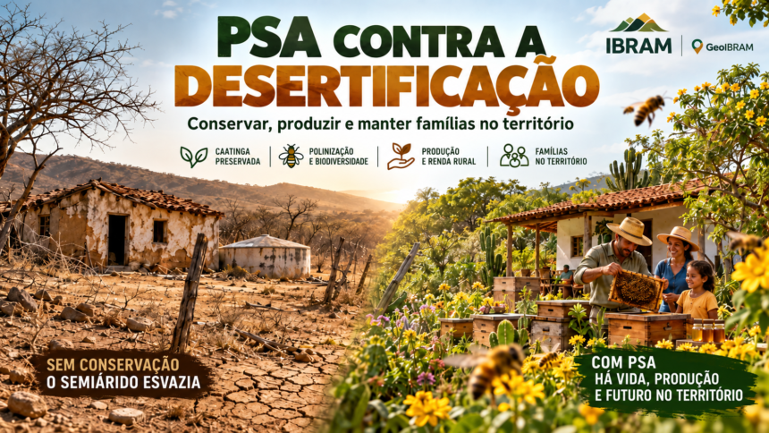 Imagem dividida do semiárido: à esquerda, casa rural abandonada, solo seco e Caatinga degradada; à direita, família rural com abelhas, colmeias, flores e vegetação preservada. Destaque para o PSA como instrumento de conservação, polinização, geração de renda e permanência das famílias no território.