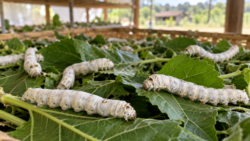Bichos-da-seda sobre folhas de amoreira, alimento essencial para a produção de casulos. A deriva de agrotóxicos pode contaminar as folhas e comprometer toda a criação.