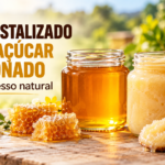 Texto alternativo recomendado: Potes de mel líquido e cristalizado demonstram que a cristalização é um processo natural, sem açúcar adicionado.