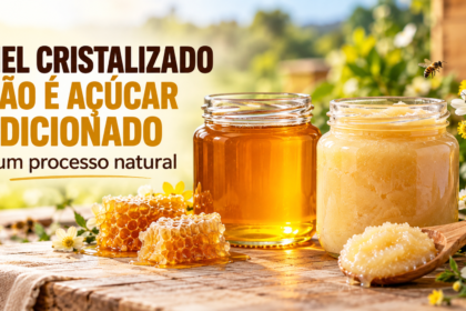 Texto alternativo recomendado: Potes de mel líquido e cristalizado demonstram que a cristalização é um processo natural, sem açúcar adicionado.