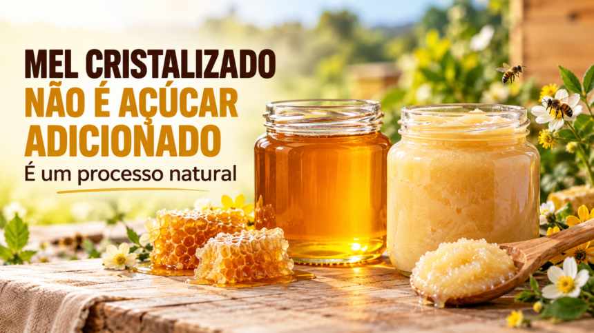Texto alternativo recomendado: Potes de mel líquido e cristalizado demonstram que a cristalização é um processo natural, sem açúcar adicionado.