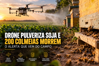 Drone pulveriza lavoura de soja próximo a apiário, ilustrando deriva de agrotóxico e morte de 200 colmeias de abelhas.