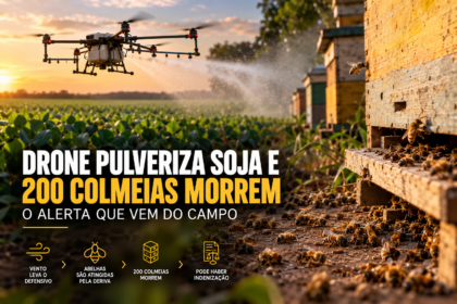 Drone pulveriza lavoura de soja próximo a apiário, ilustrando deriva de agrotóxico e morte de 200 colmeias de abelhas.