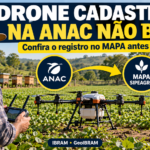 Operador de drone agrícola diante de uma lavoura, com destaque para a necessidade de conferir o registro no MAPA antes da pulverização.