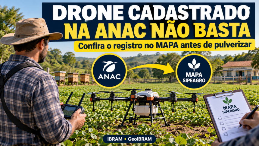 Operador de drone agrícola diante de uma lavoura, com destaque para a necessidade de conferir o registro no MAPA antes da pulverização.