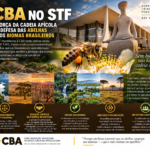 CBA no STF em defesa das abelhas e dos biomas brasileiros, com imagem do Supremo Tribunal Federal, abelha em flor e representação da Amazônia, Cerrado, Caatinga, Mata Atlântica, Pantanal e Pampa